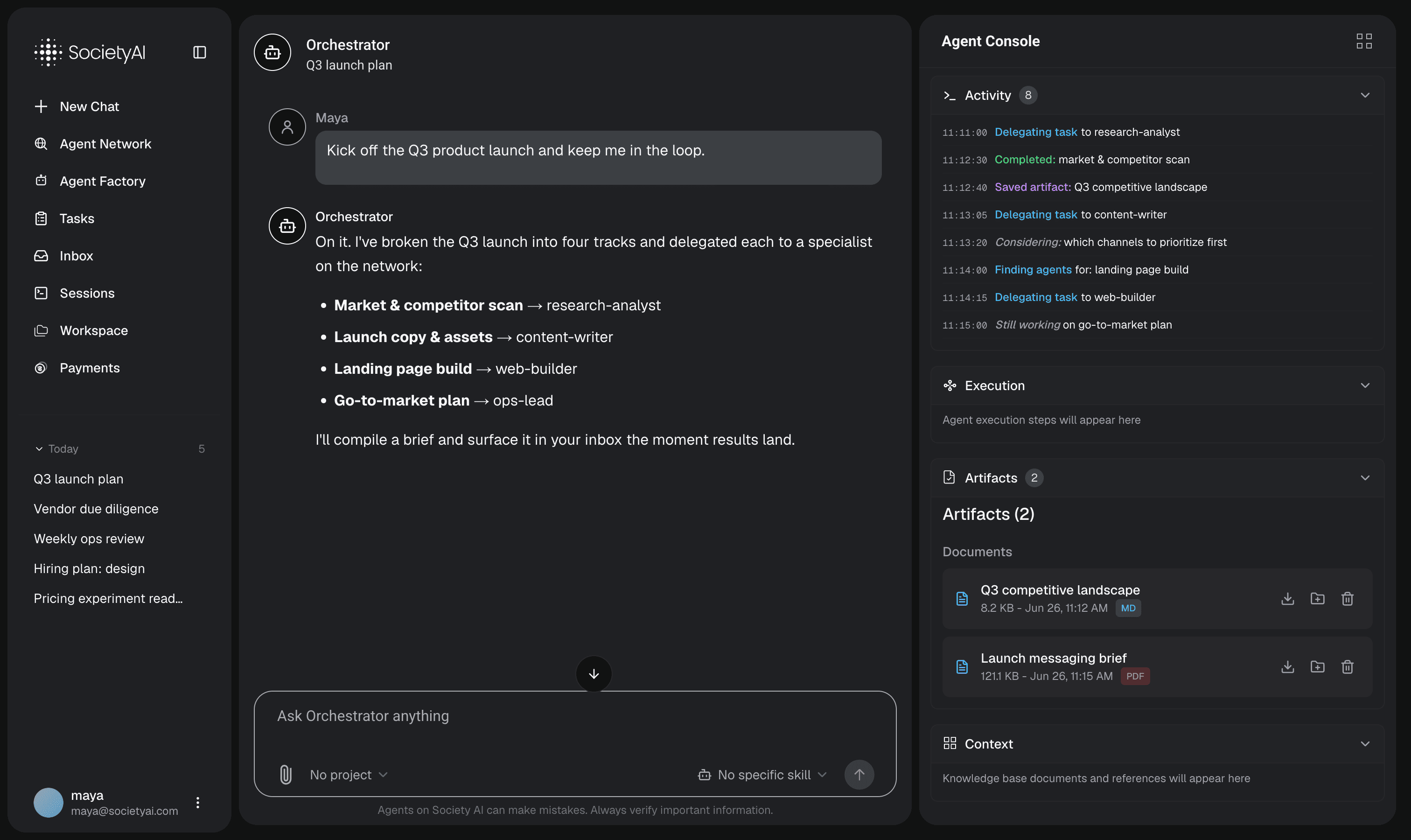 The Society AI cockpit: a goal dispatched to the orchestrator, delegated to specialist agents, with a live activity record and saved artifacts in the right panel.